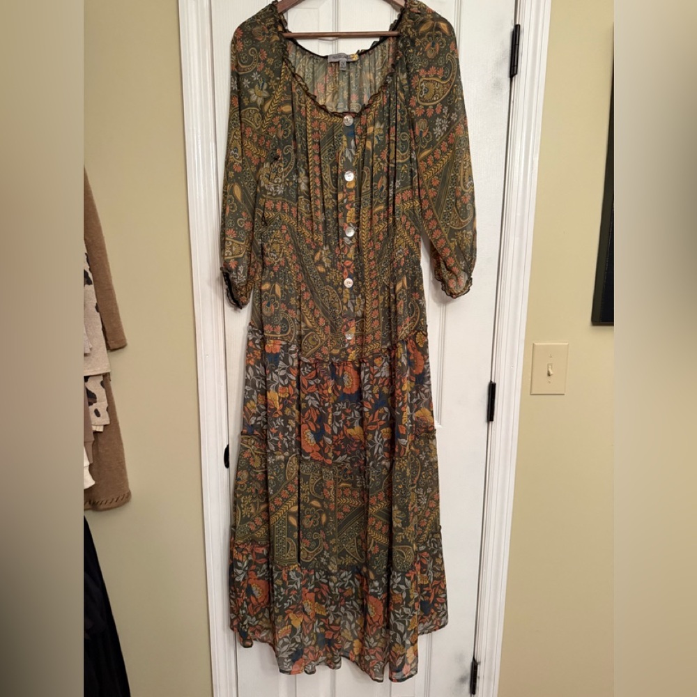 New Fig & Flower 2X olive boho floral green bohme Anthropologie maxi dress $168 - Picture 2 of 6
